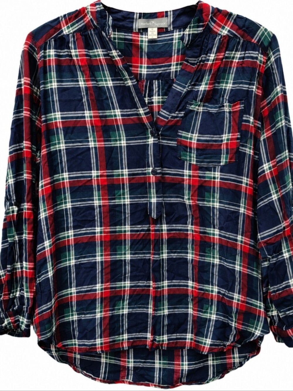 Market & Spruce Women's Size Large Red, Navy & Green Plaid Button-Down Shirt